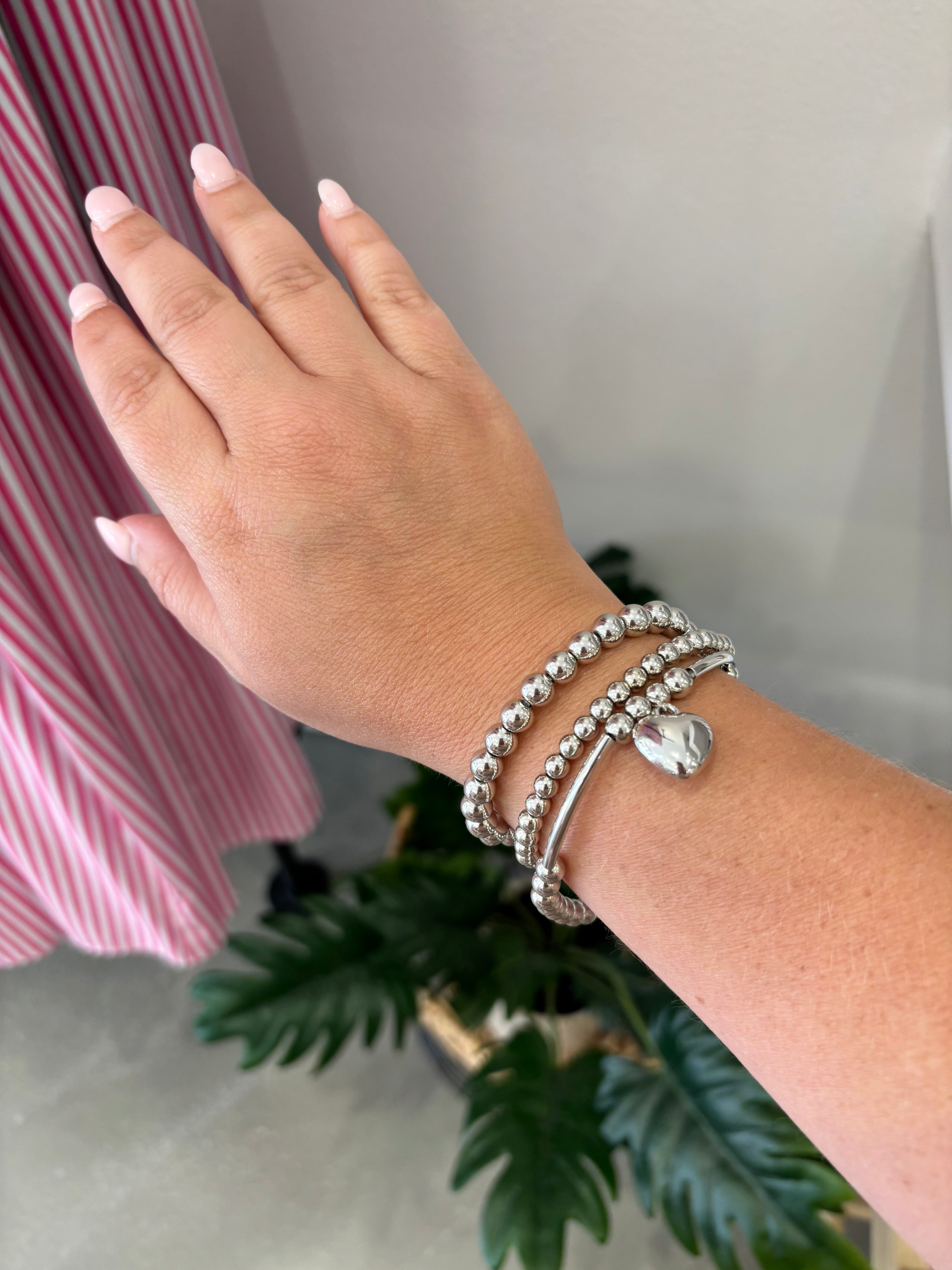 Heart Charm Beaded Bracelet Set | Silver