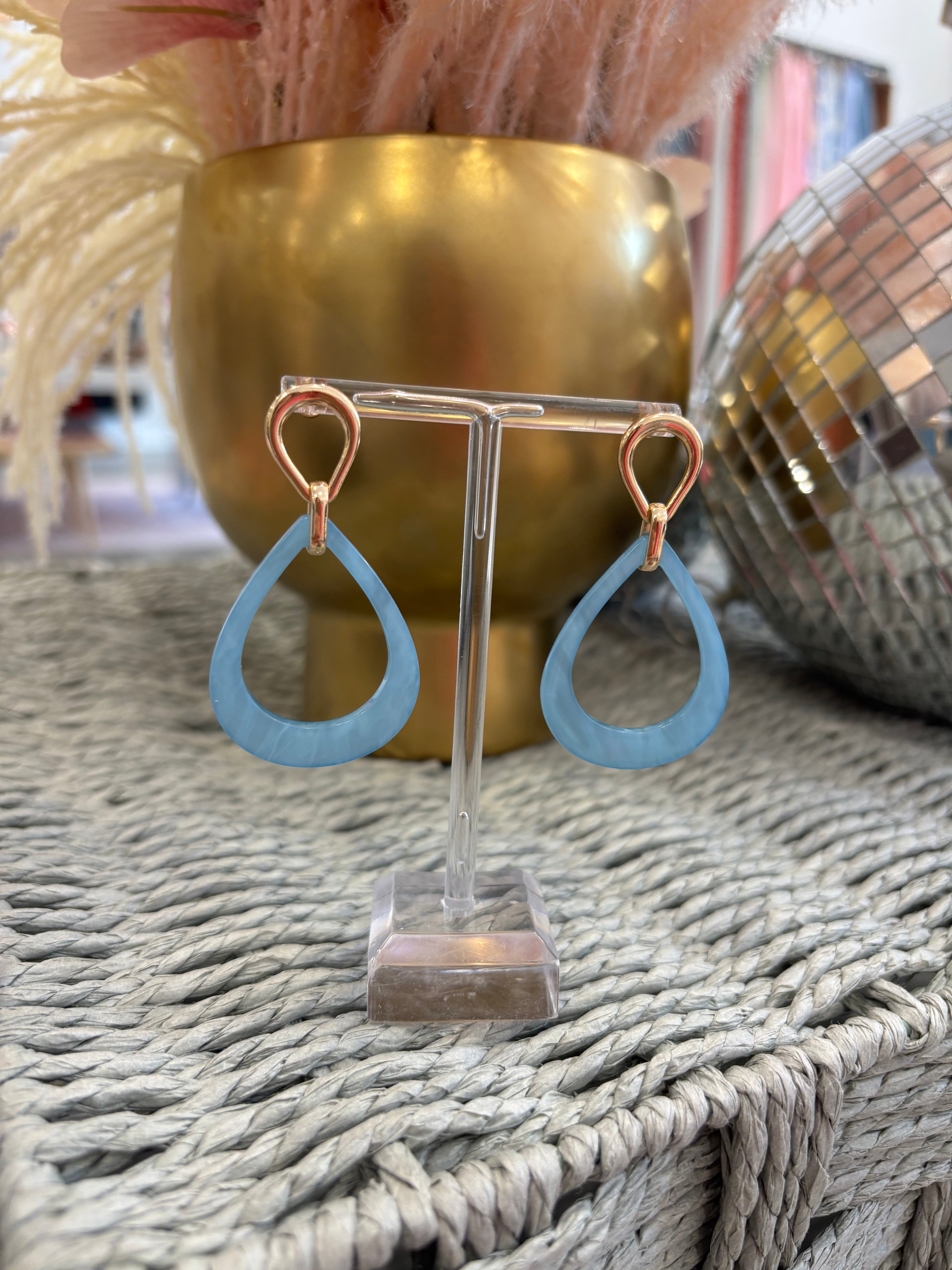 Gold & Blue Resin Open Teardrop Earring