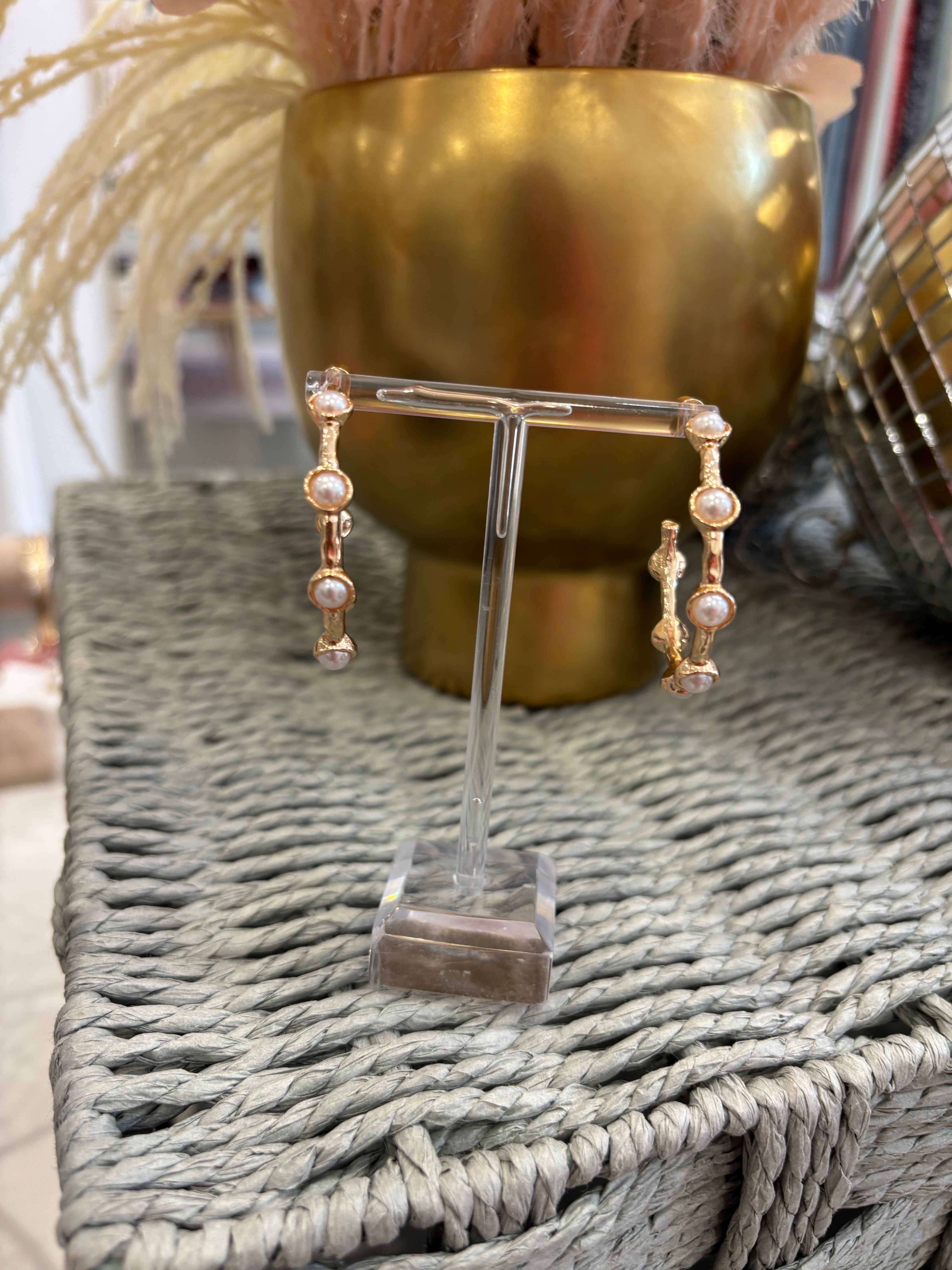 Gold Hammered Pearl Hoop Earring