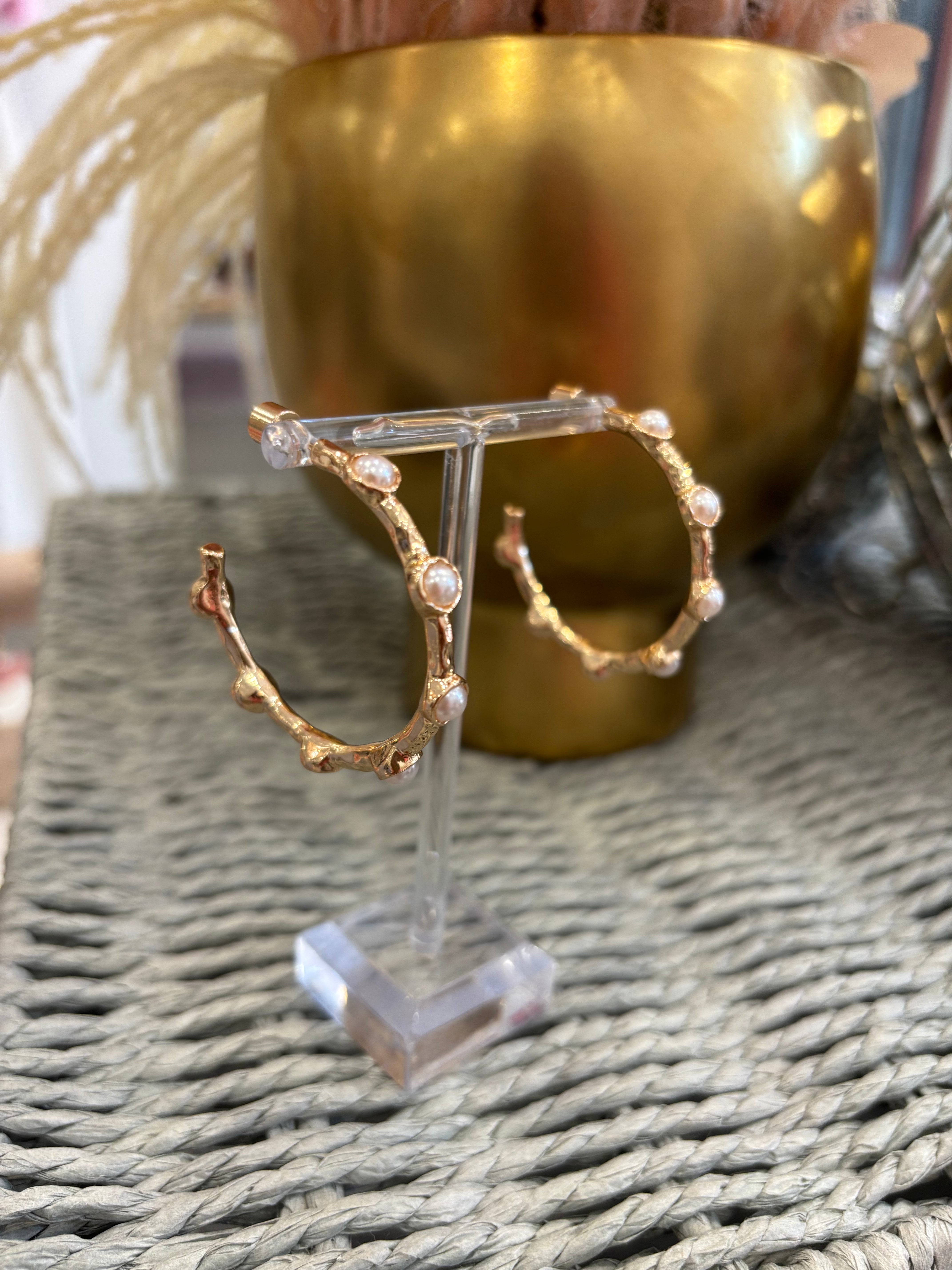 Gold Hammered Pearl Hoop Earring