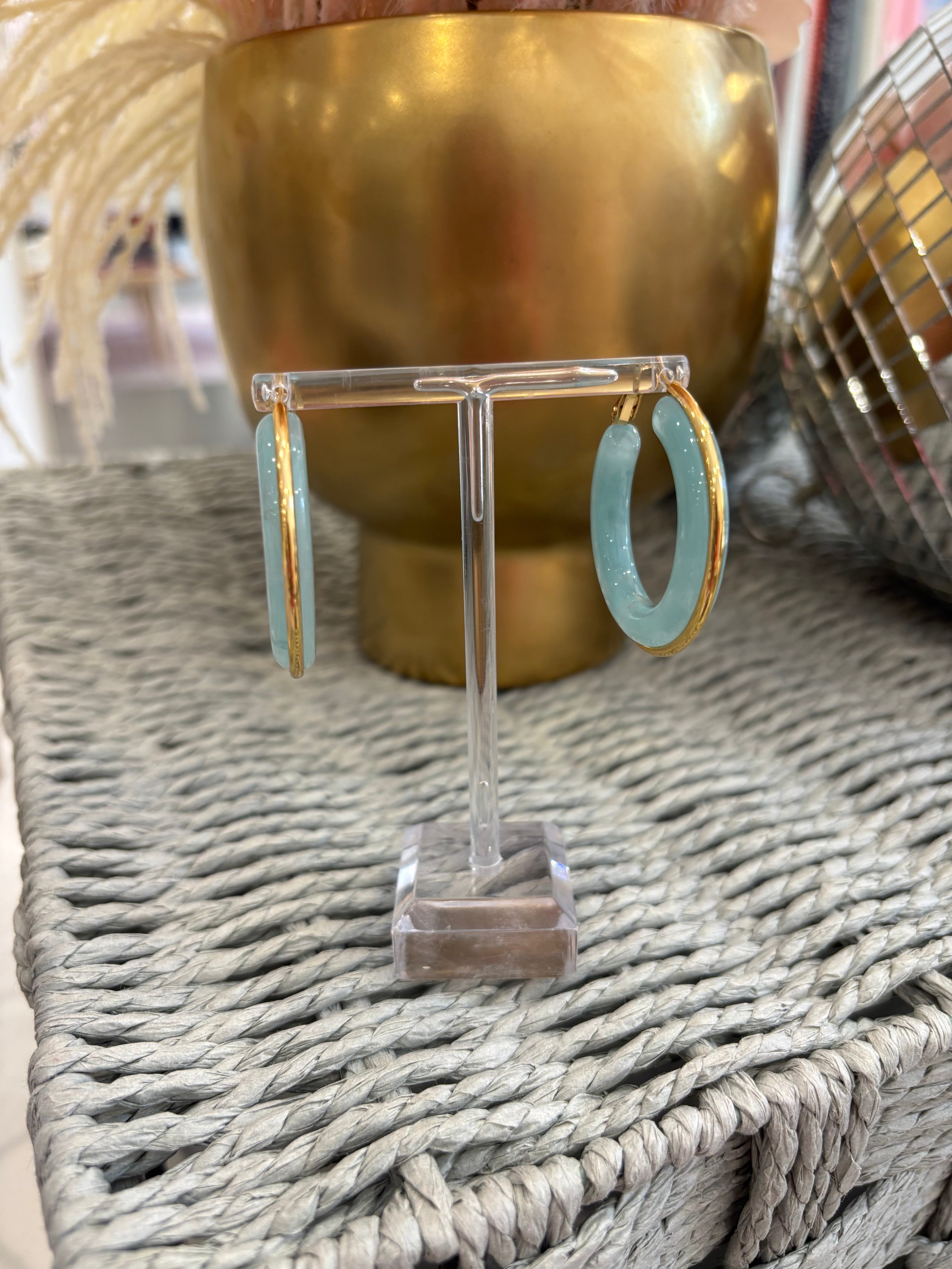 Blue Acrylic Hoop with Gold Earring