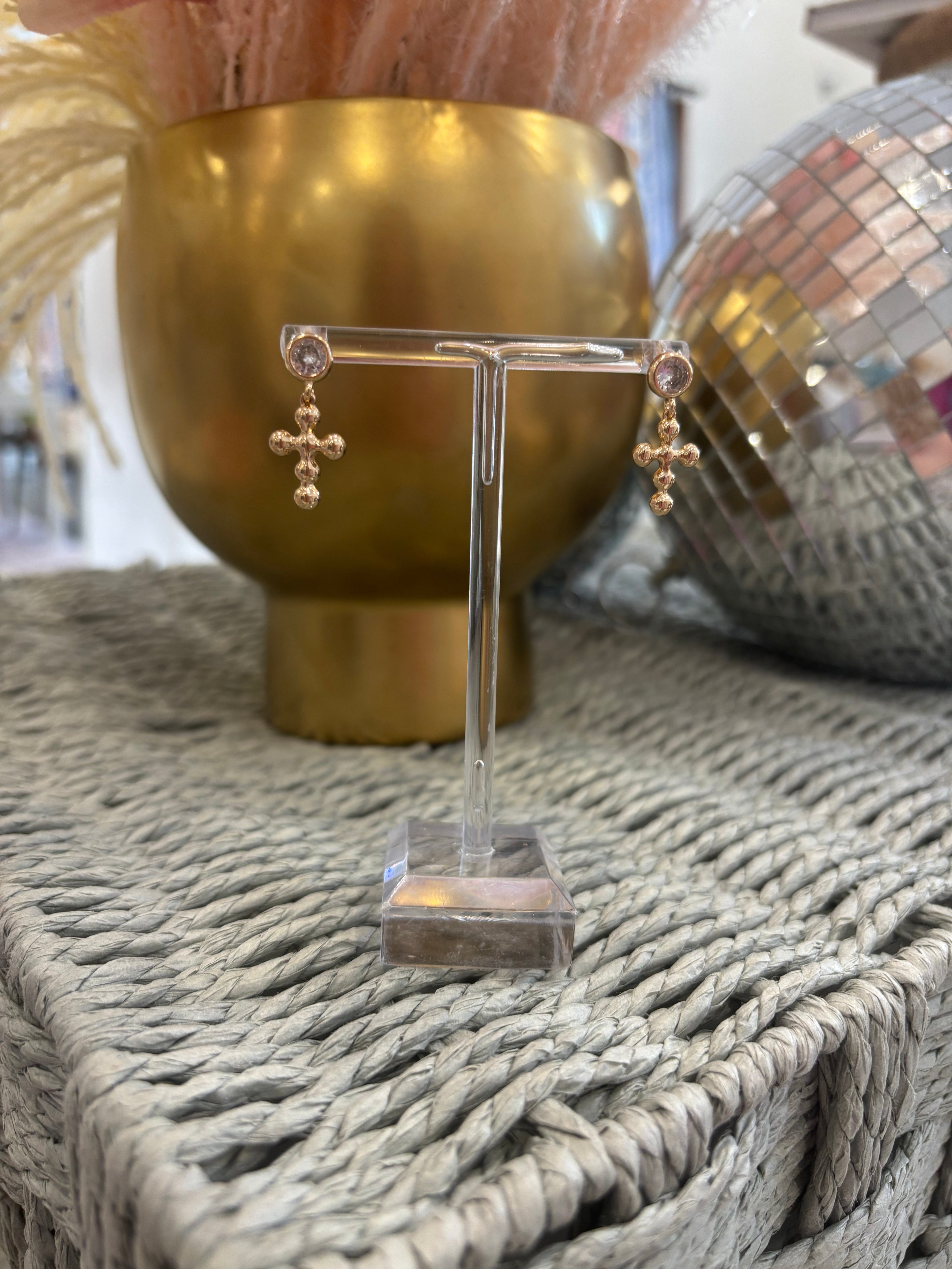 Beaded cross gold earrings