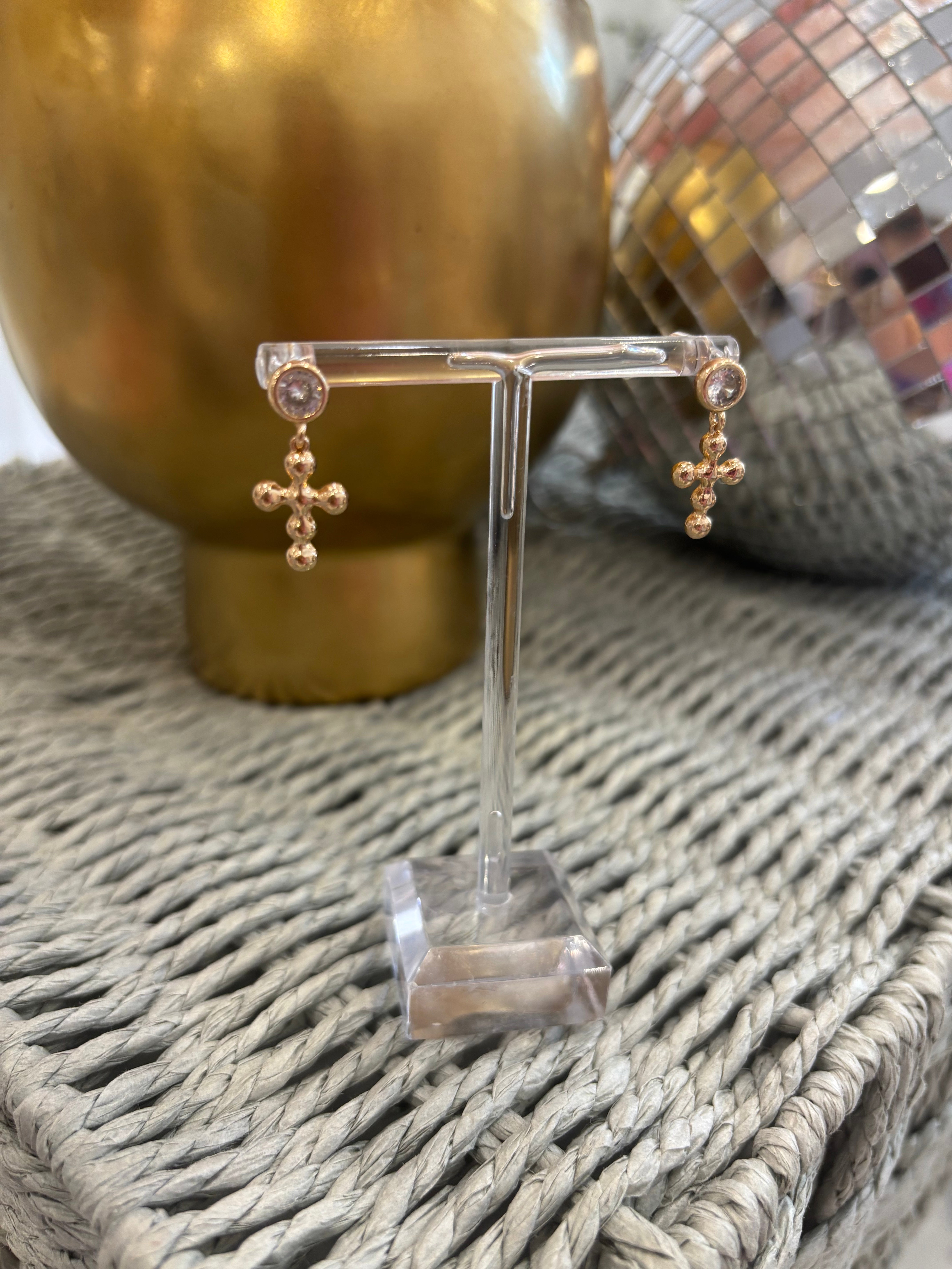 Beaded cross gold earrings