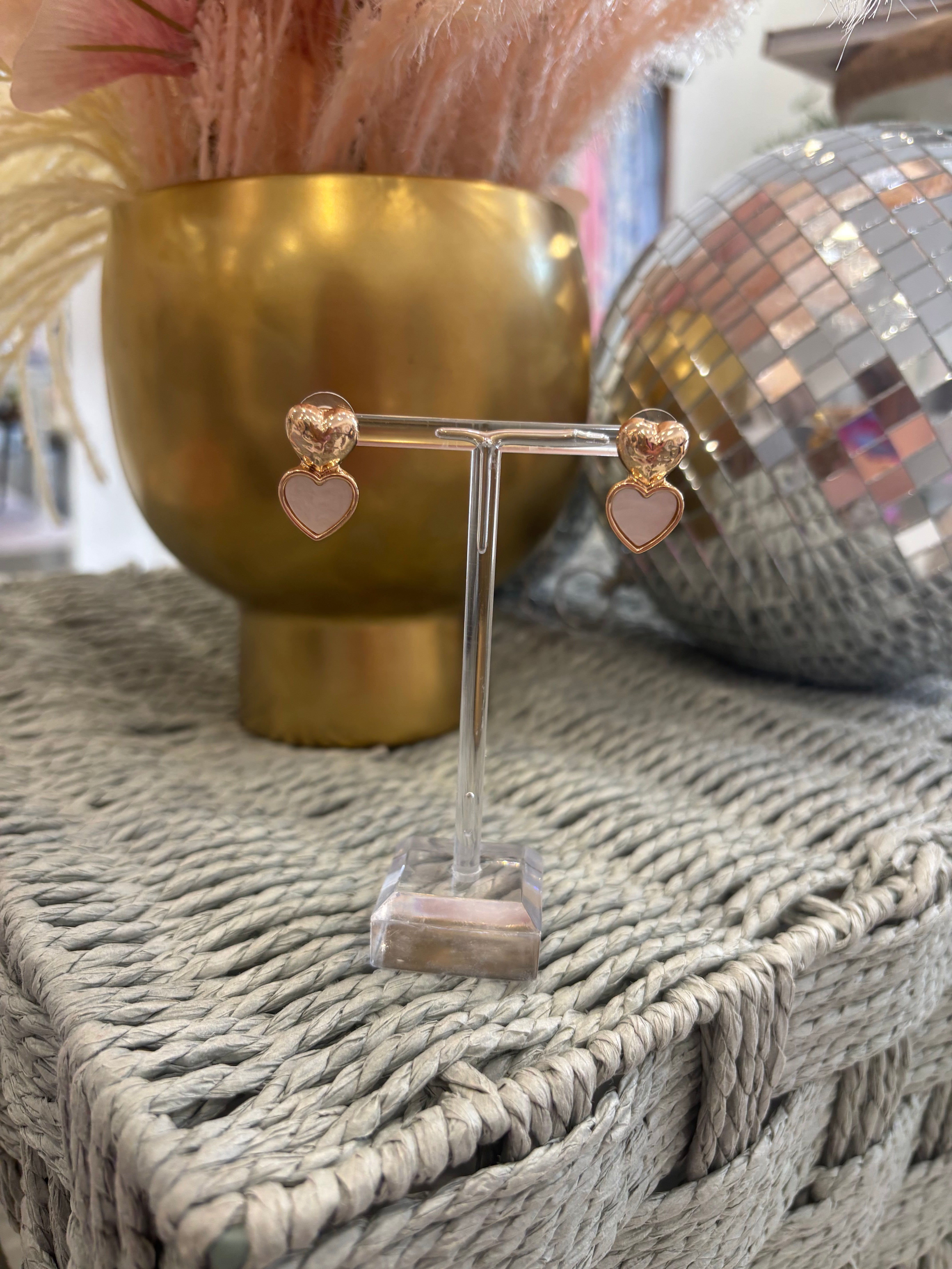 Gold Hammered and White Heart Earring