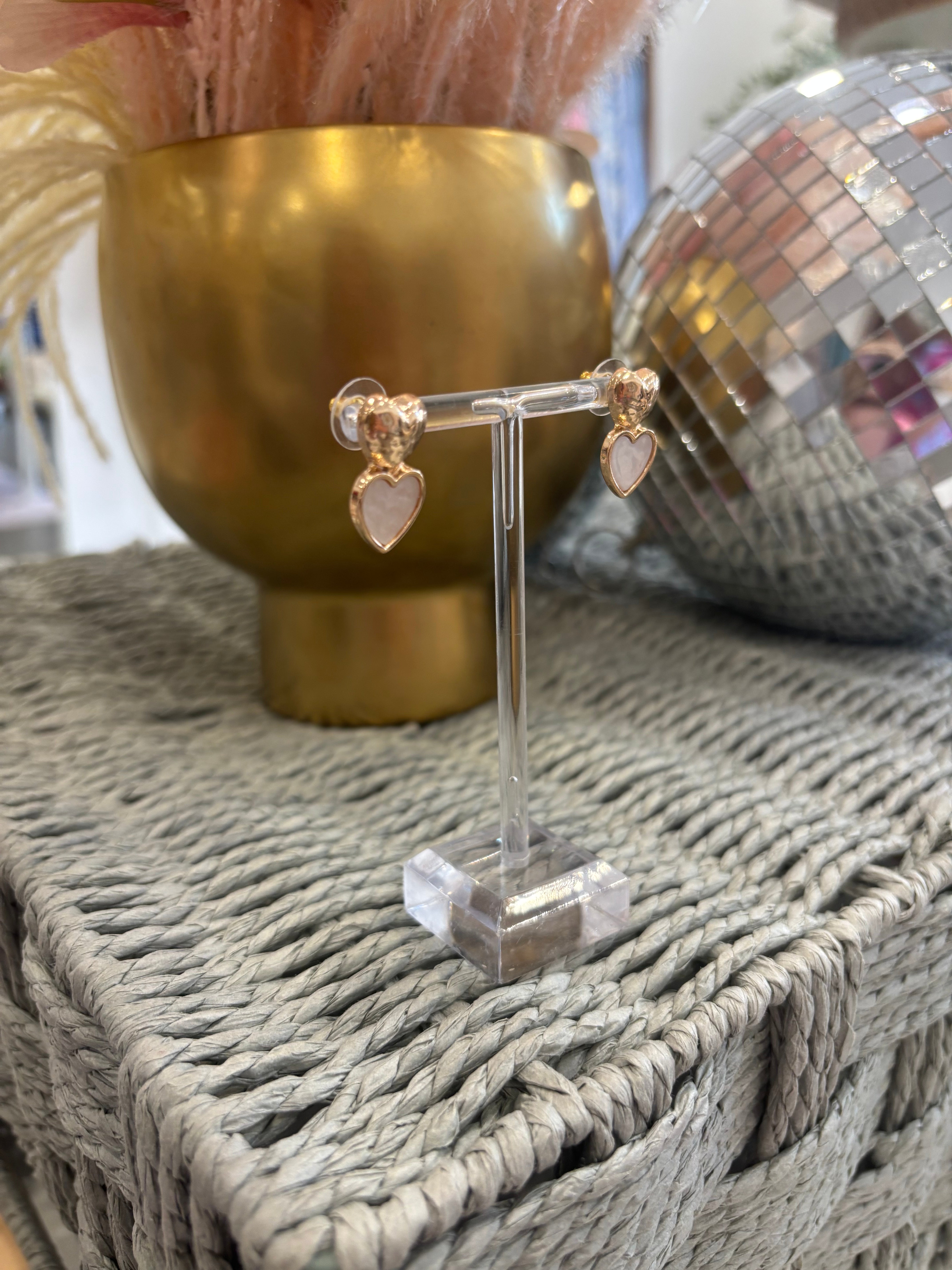 Gold Hammered and White Heart Earring