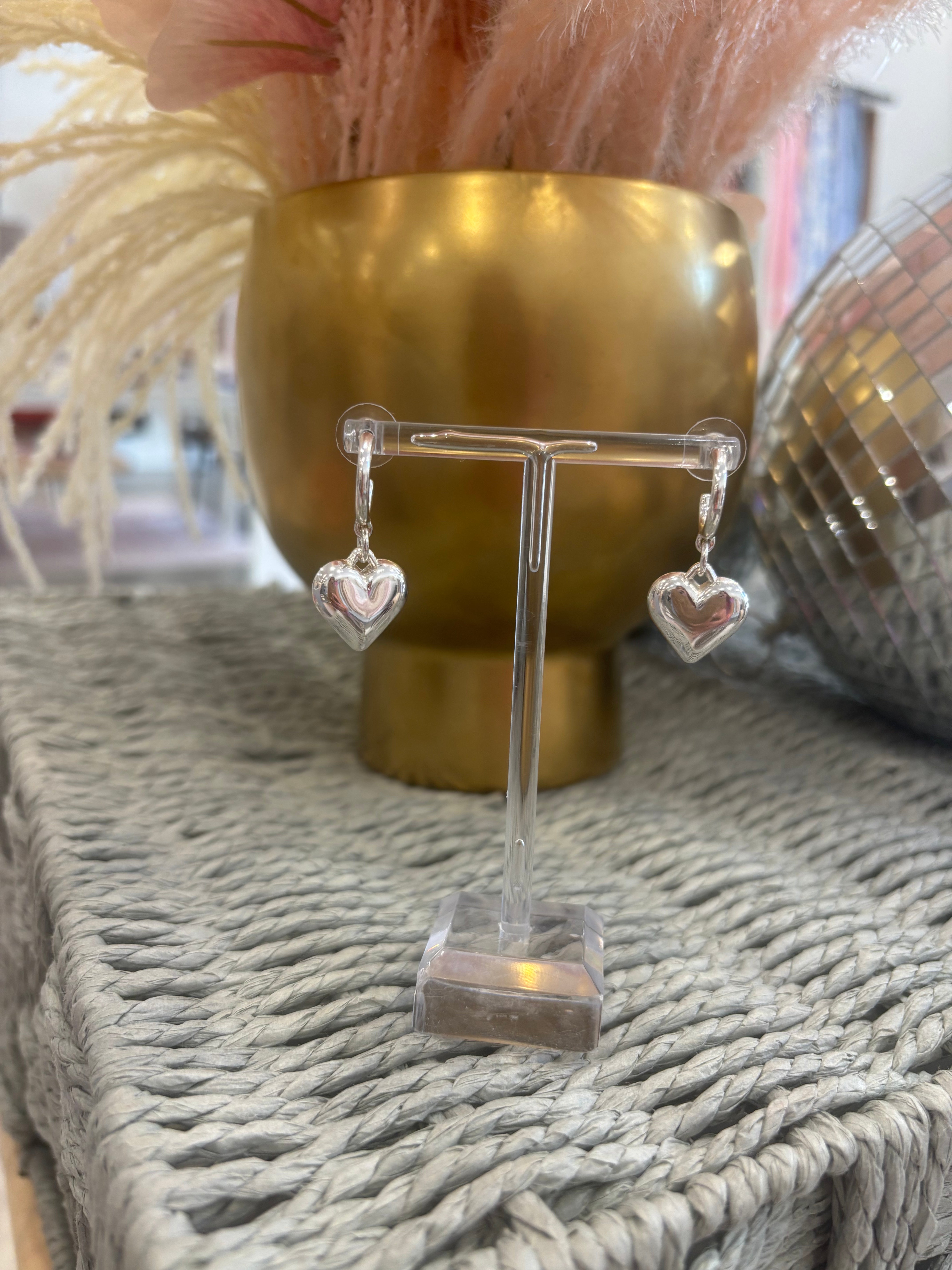 Silver Huggie Hoop with Puffy Heart Drop