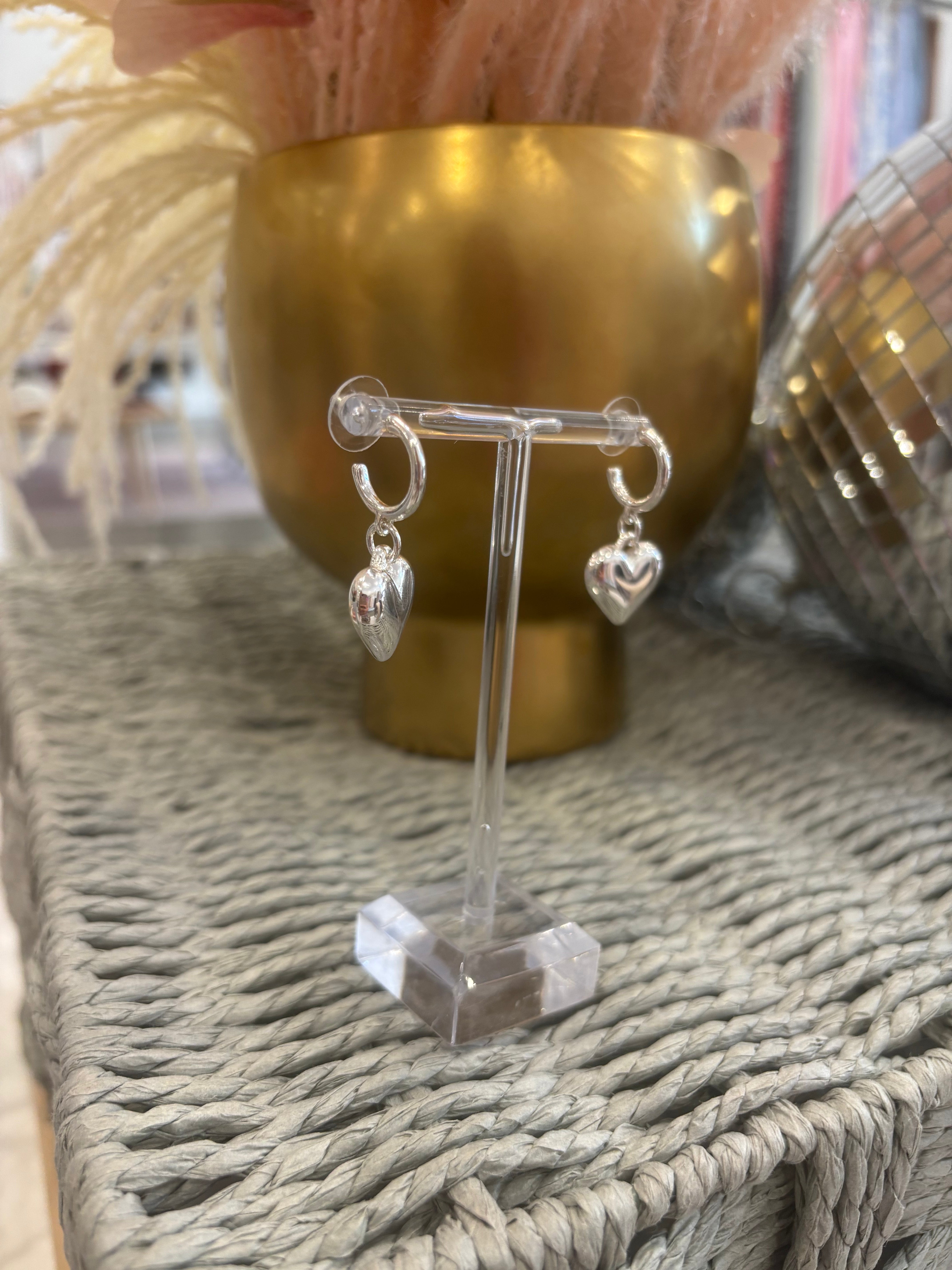 Silver Huggie Hoop with Puffy Heart Drop