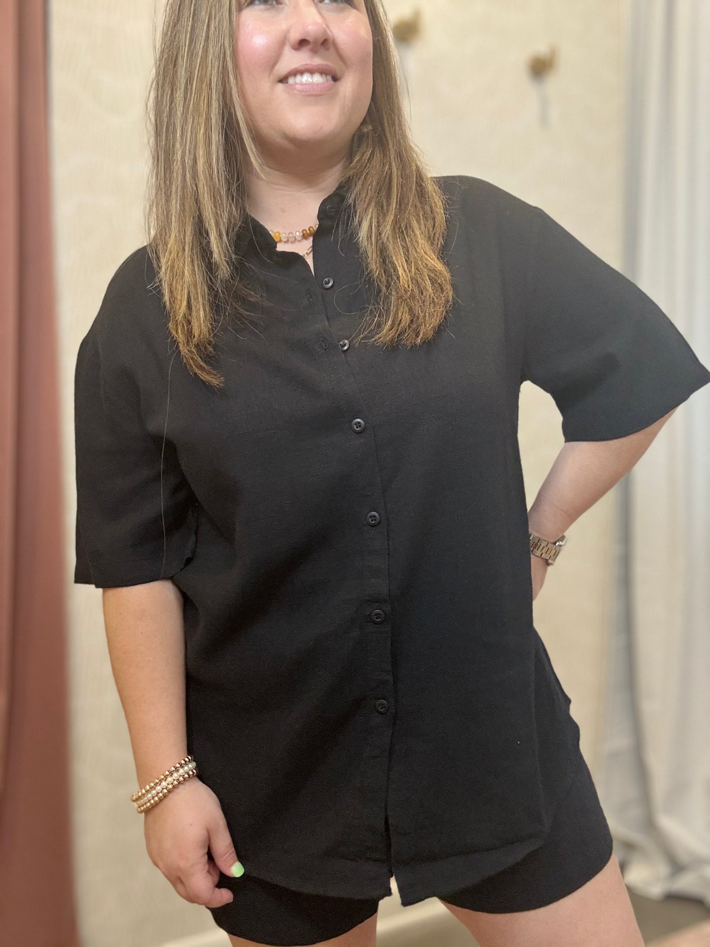 Linen Short Sleeve Shirt | Black
