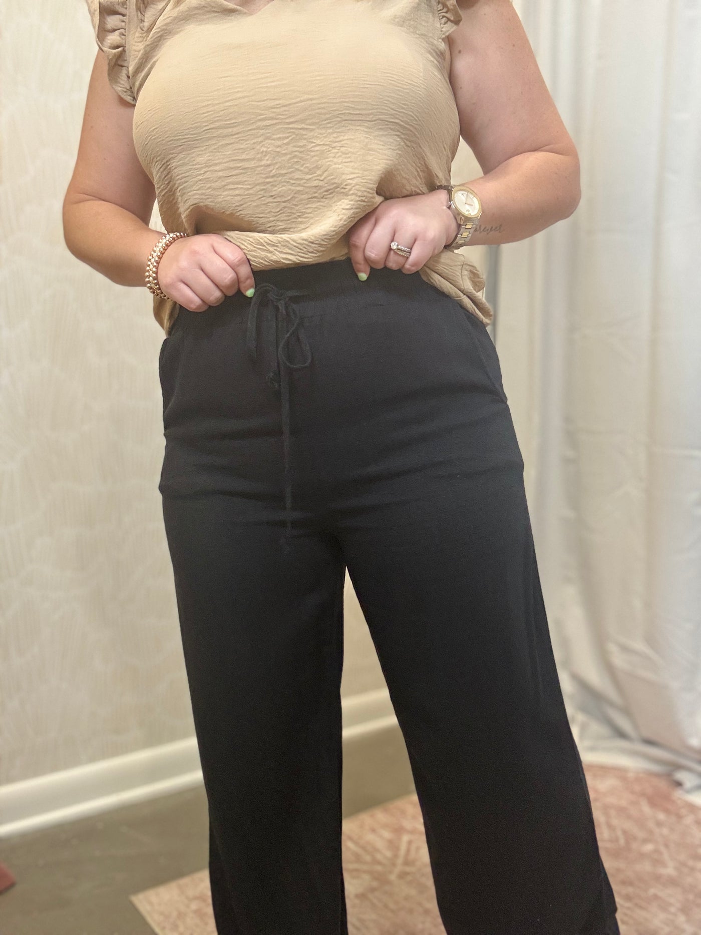 Linen Drawstring Pants | Black