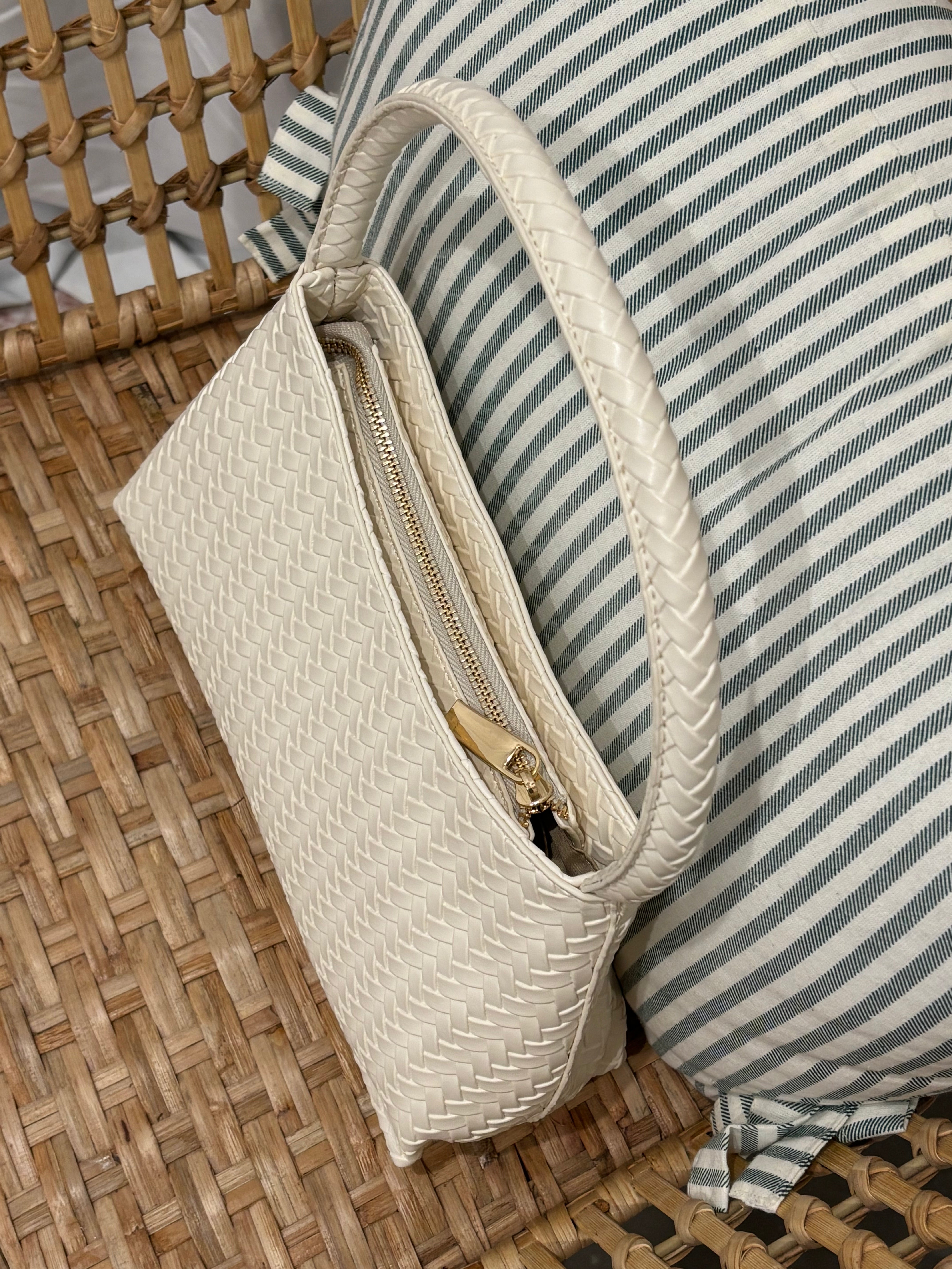 Faux Leather Woven Shoulder Bag | Ivory