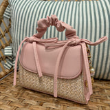 Ruched Bow Handle Straw Mini Bag with Shell Charm | Pink