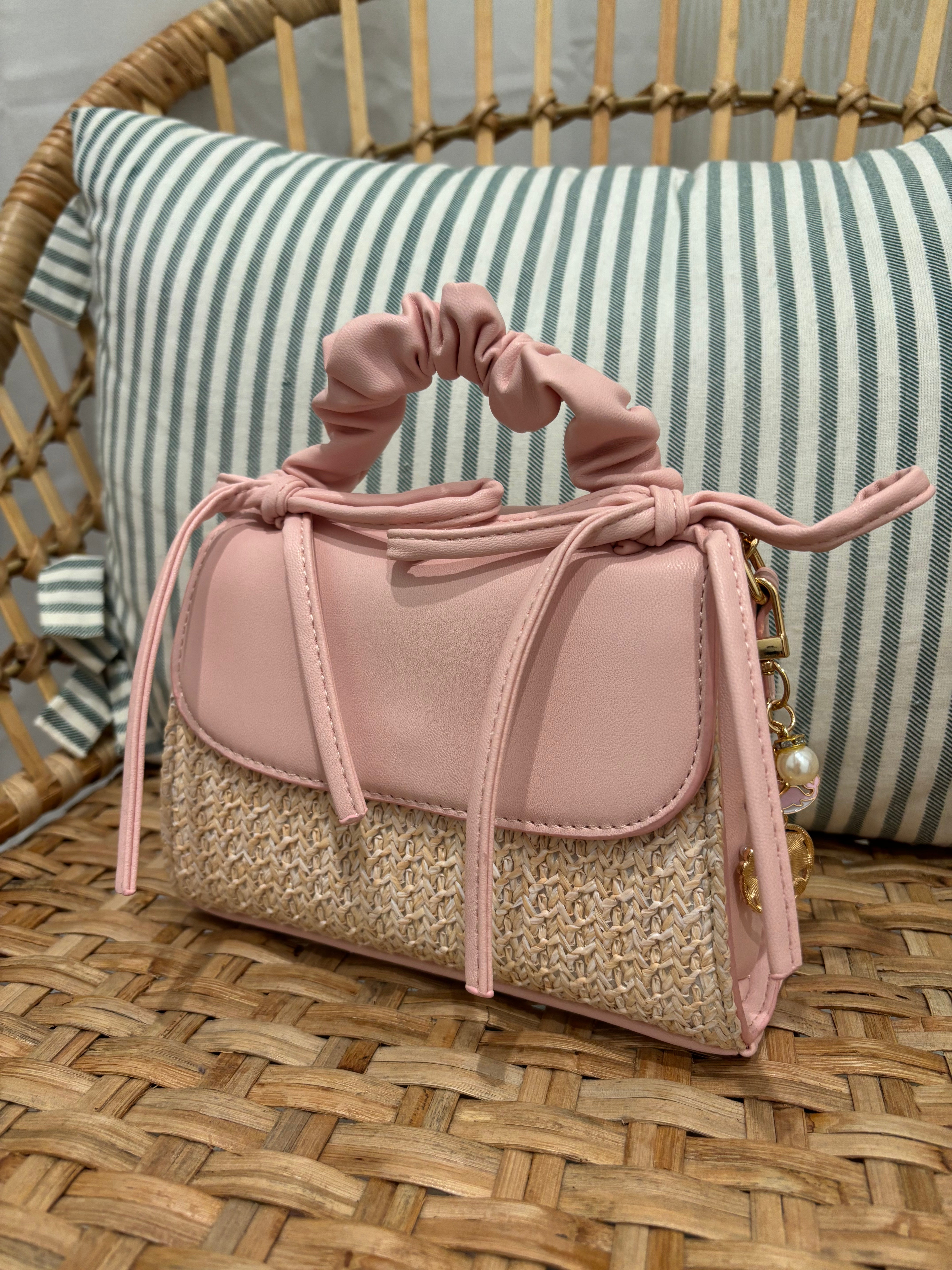 Ruched Bow Handle Straw Mini Bag with Shell Charm | Pink