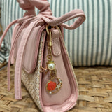 Ruched Bow Handle Straw Mini Bag with Shell Charm | Pink