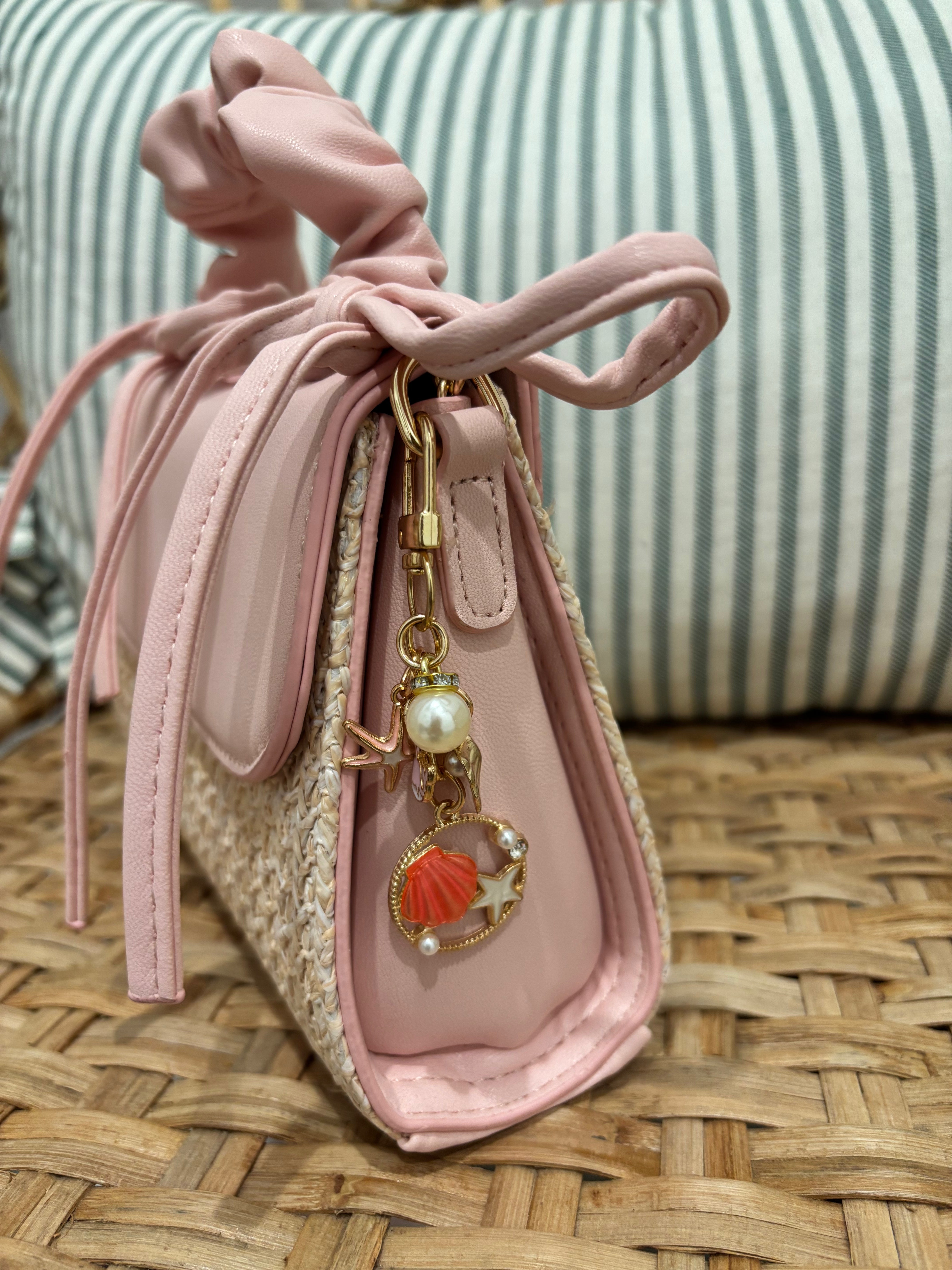 Ruched Bow Handle Straw Mini Bag with Shell Charm | Pink