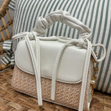 Ruched Bow Handle Straw Mini Bag with Shell Charm | White