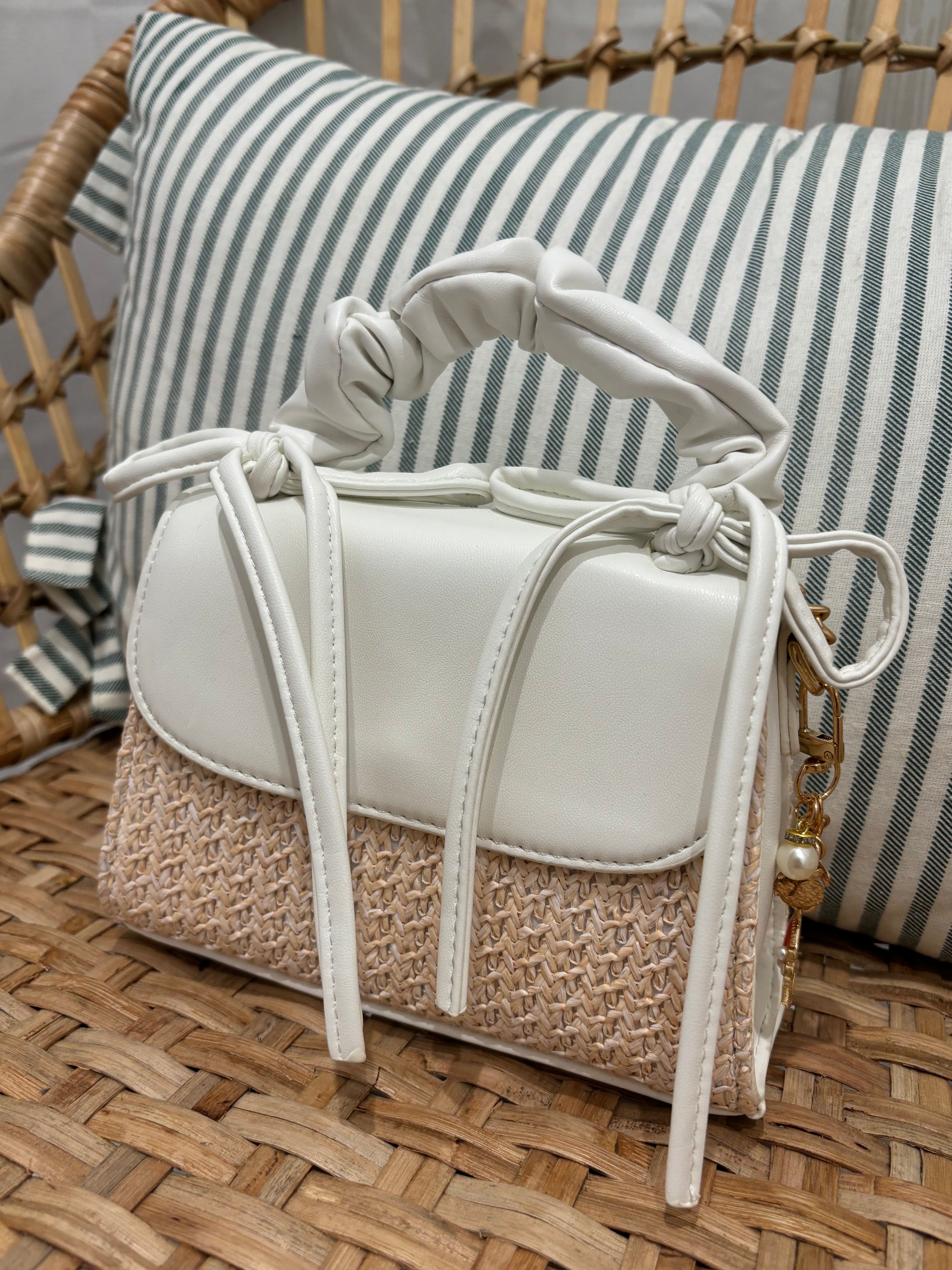 Ruched Bow Handle Straw Mini Bag with Shell Charm | White