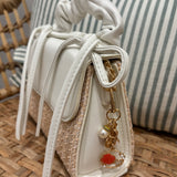 Ruched Bow Handle Straw Mini Bag with Shell Charm | White