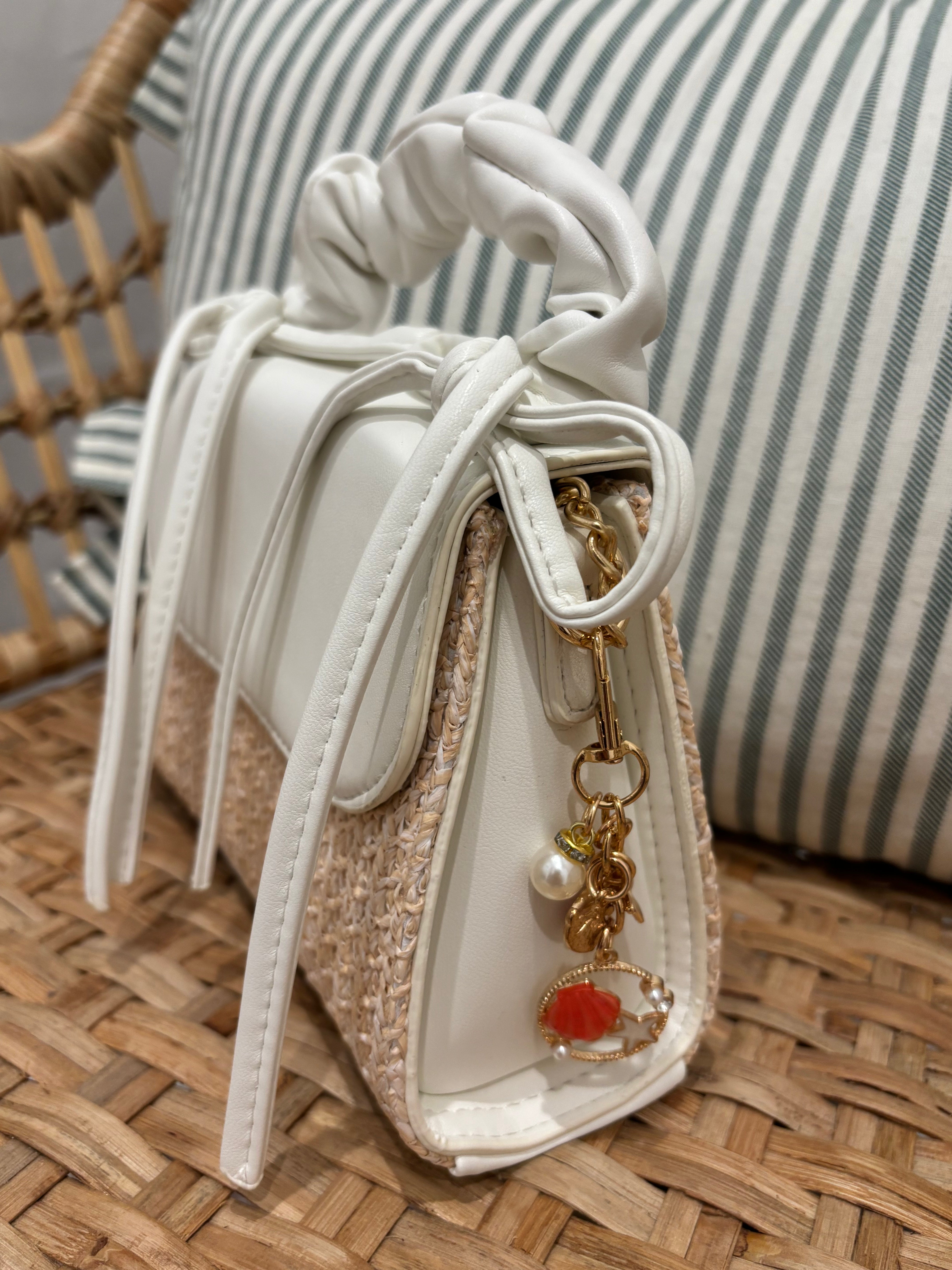 Ruched Bow Handle Straw Mini Bag with Shell Charm | White