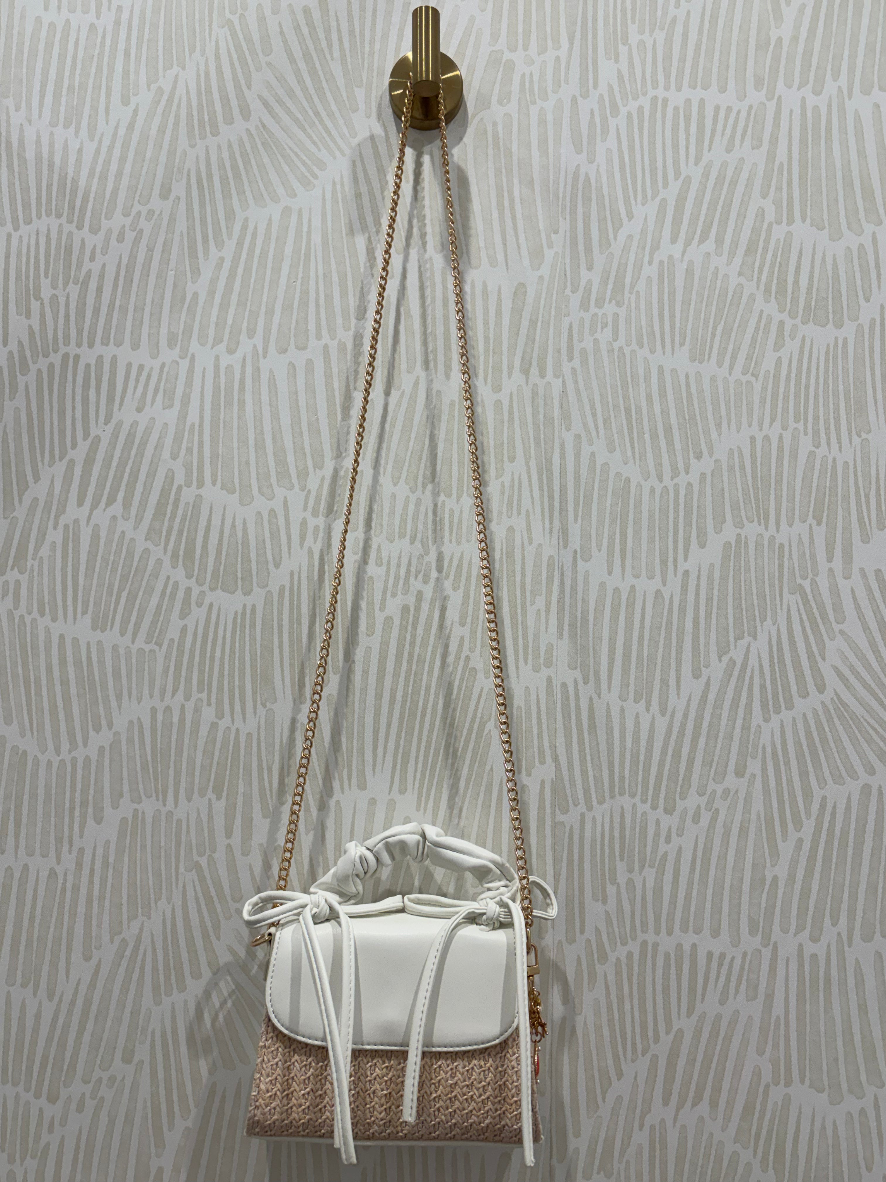 Ruched Bow Handle Straw Mini Bag with Shell Charm | White