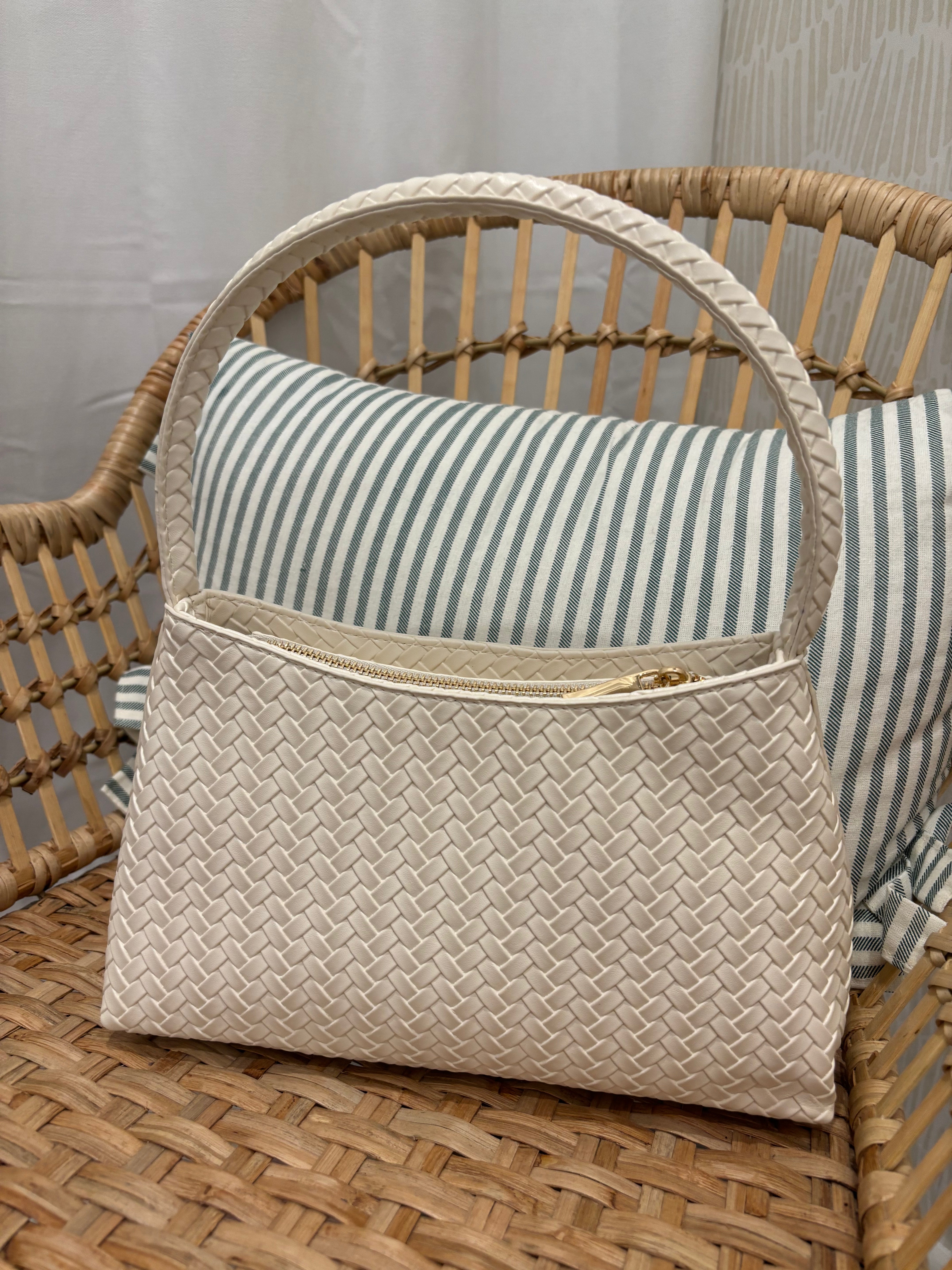 Faux Leather Woven Shoulder Bag | Ivory