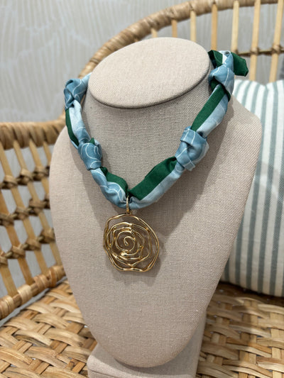 Scarf Charm Necklace | Blue Green Flower Charm