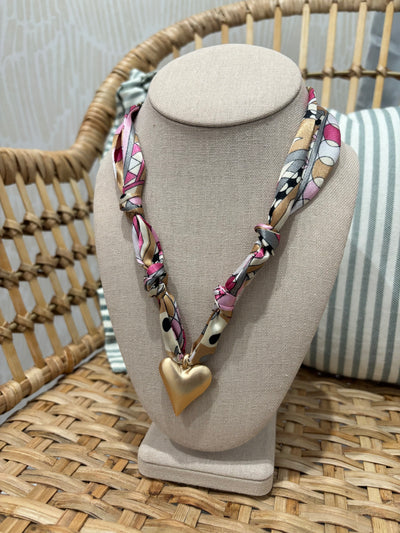 Scarf Charm Necklace | Pink Brown Heart Charm