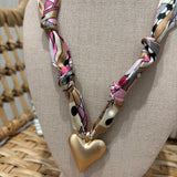 Scarf Charm Necklace | Pink Brown Heart Charm