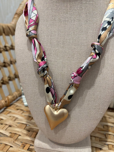Scarf Charm Necklace | Pink Brown Heart Charm