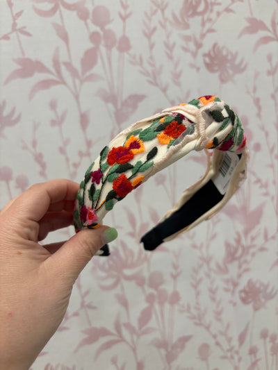 Floral Embroidery Headband | Cream and Red