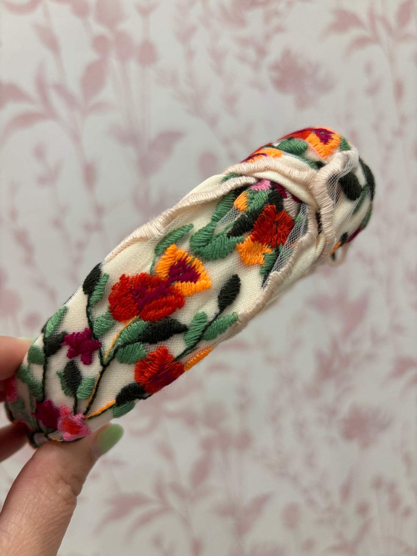 Floral Embroidery Headband | Cream and Red