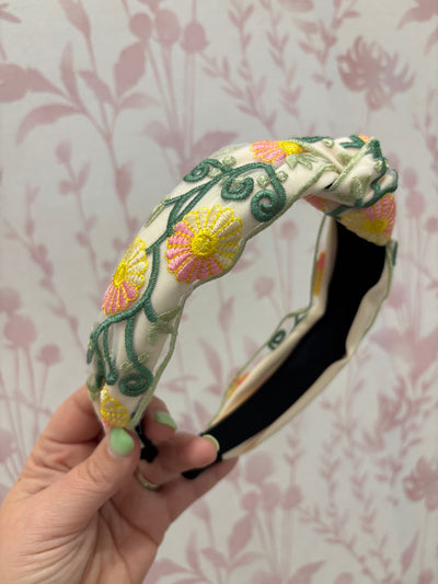 Floral Embroidery Headband | Pink and Green