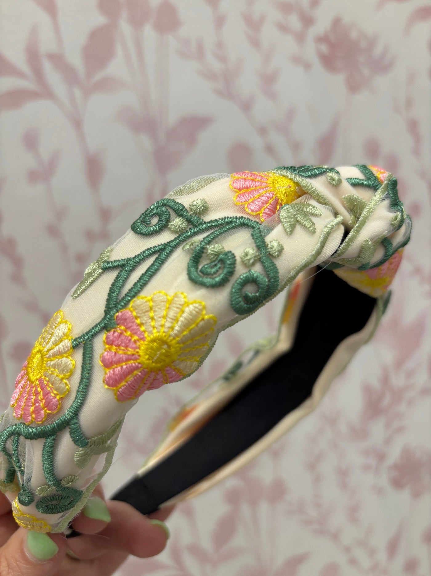Floral Embroidery Headband | Pink and Green