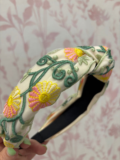 Floral Embroidery Headband | Pink and Green