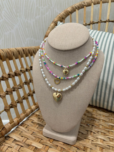 Beaded Multi Chain Heart Charm Necklace