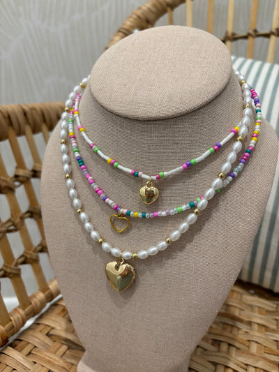 Beaded Multi Chain Heart Charm Necklace