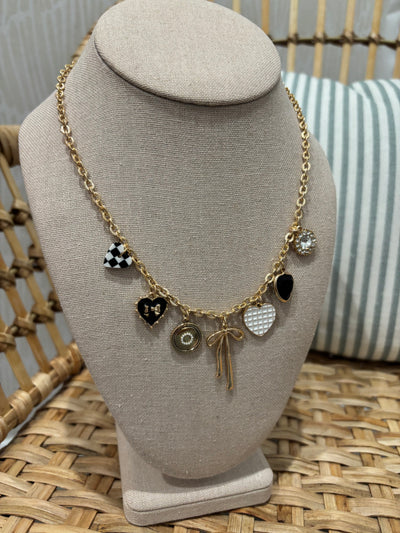 Bow Checker Heart Charm Necklace