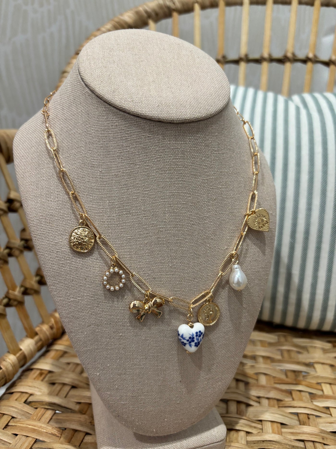 Ceramic Porcelain Bow Heart Charm Necklace