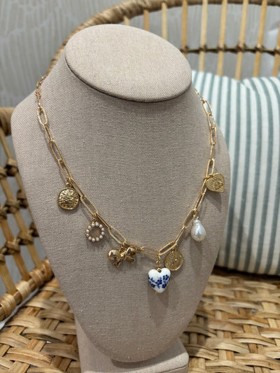 Ceramic Porcelain Bow Heart Charm Necklace