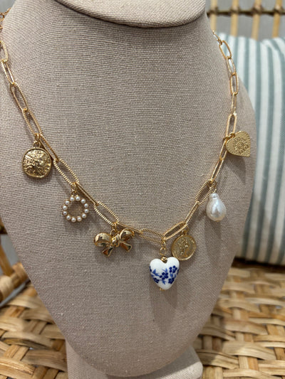 Ceramic Porcelain Bow Heart Charm Necklace