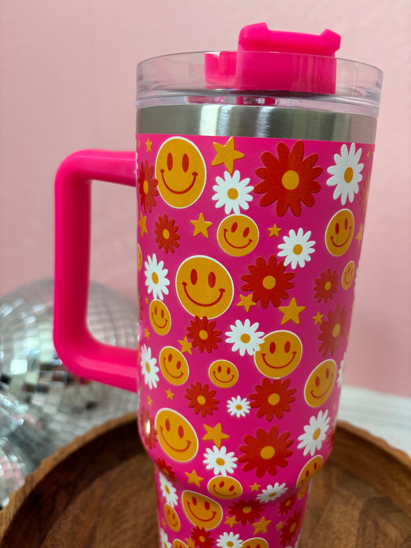 Pink 40oz Tumbler with Smiley Face and Flowers