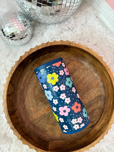 Navy Floral Slim Can Koozie