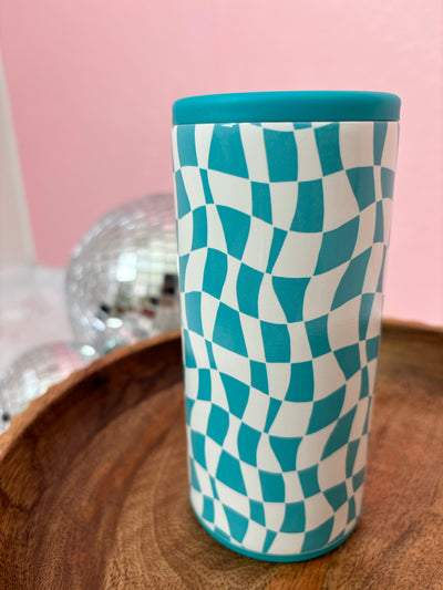 Aqua Checkered Print Slim Can Koozie