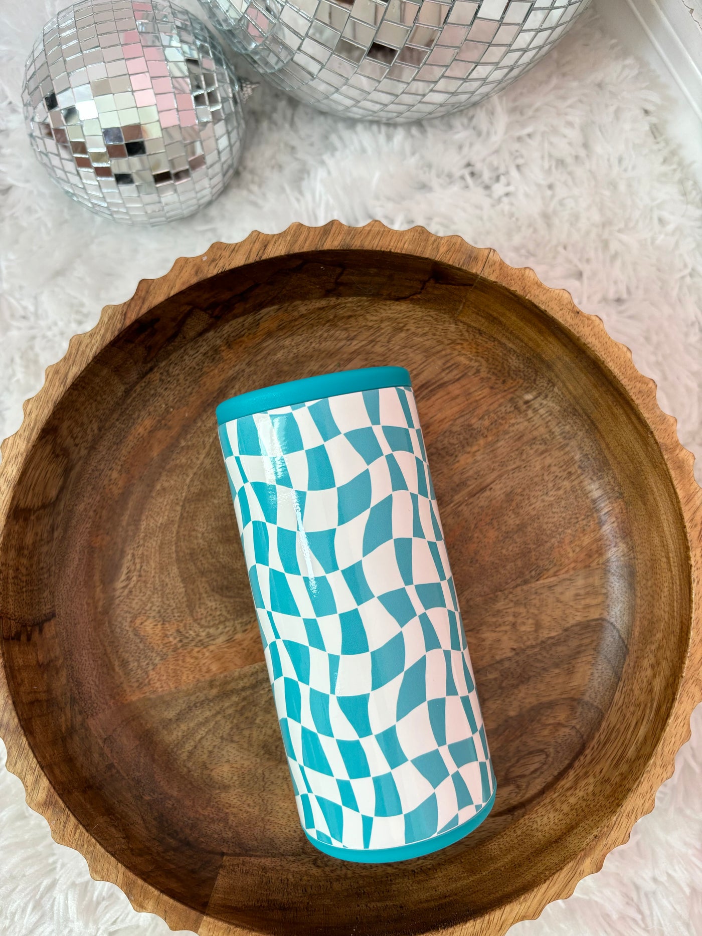 Katydid Aqua Checkered Slim Can Cooler