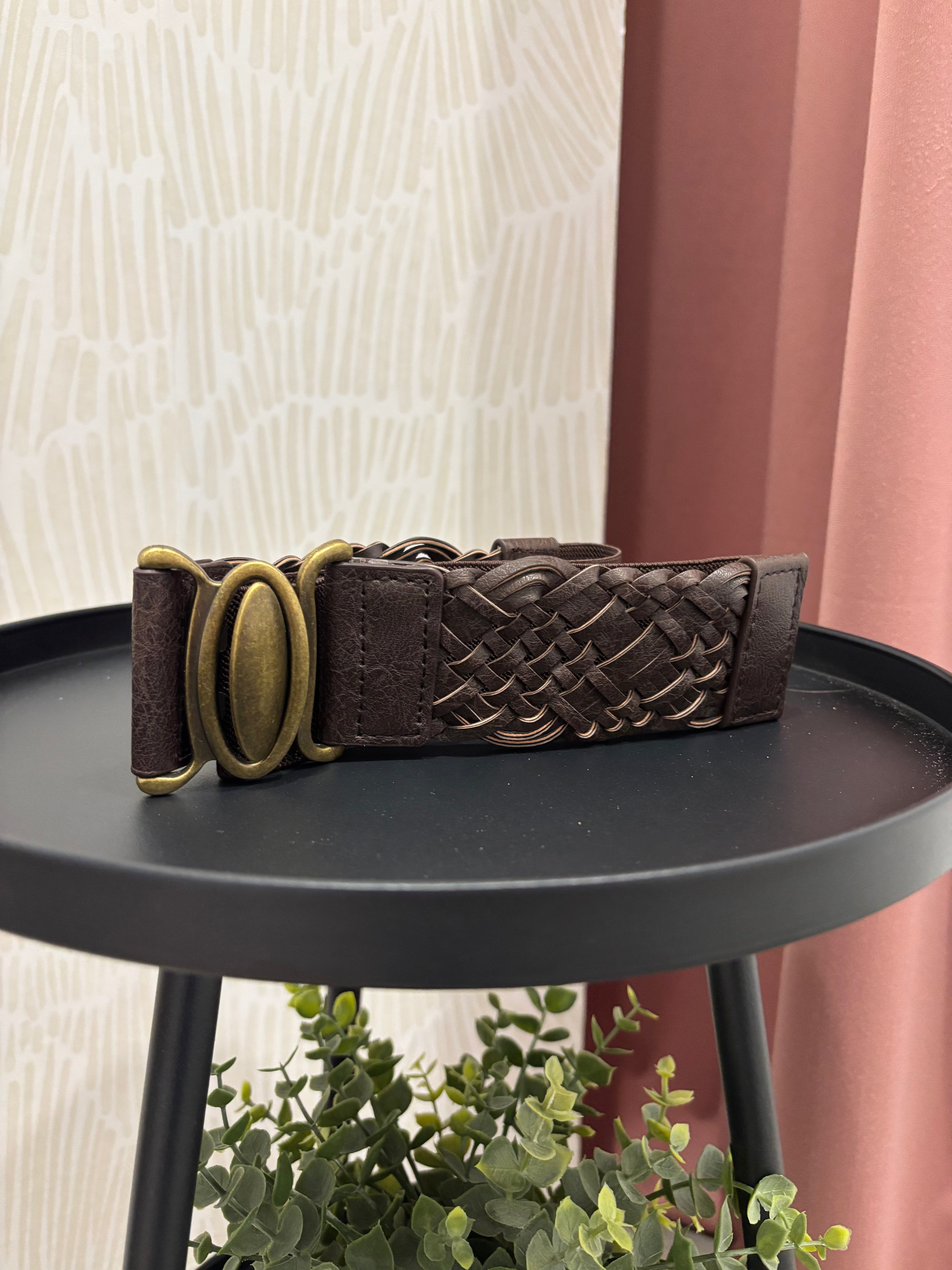 Oval Buckle Braided Elastic Belt | Brown
