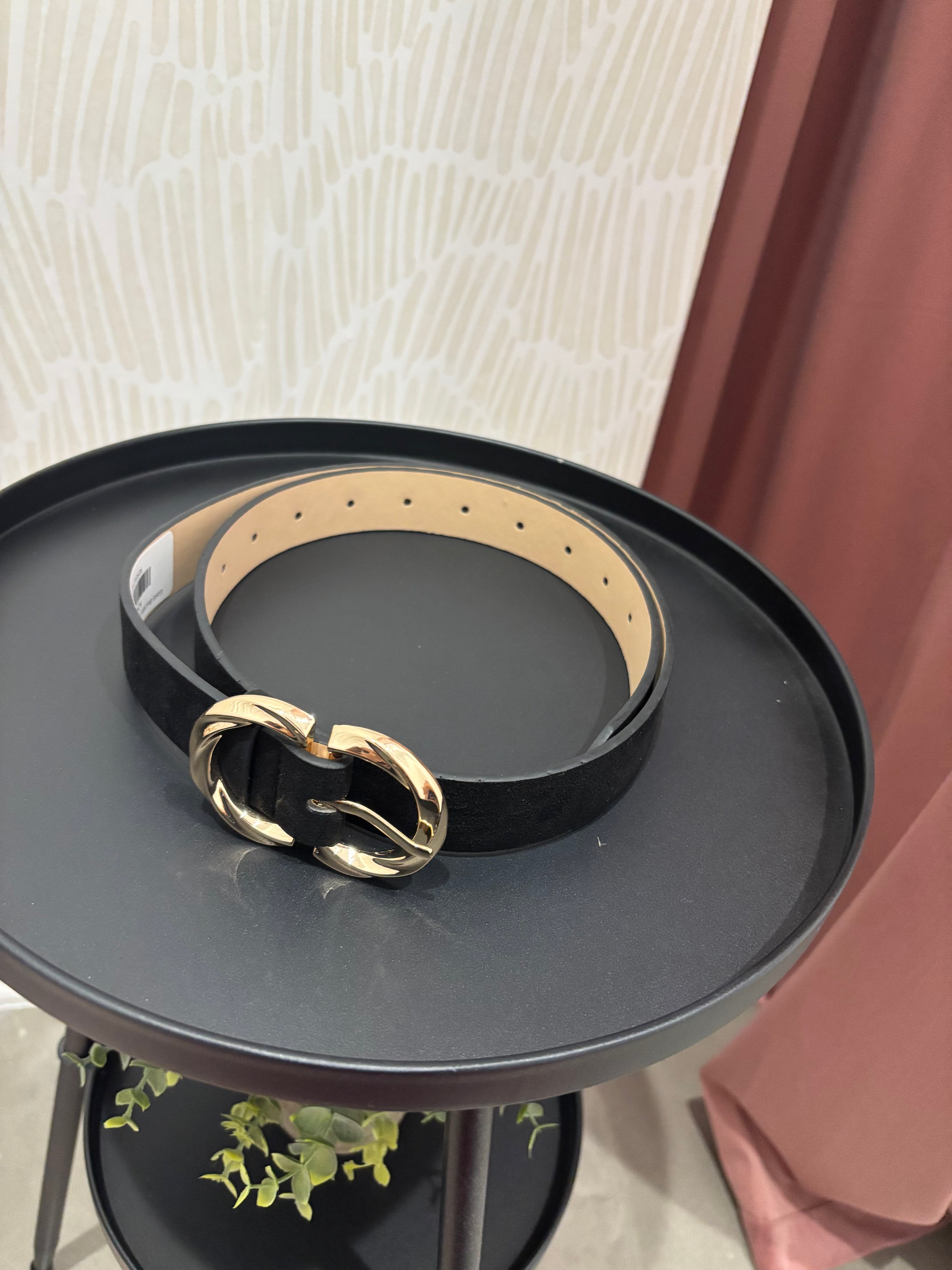 Gold Buckle Suede Belt | Black
