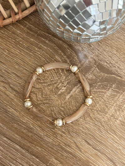 Pearl Beaded Acrylic Tube Bracelet | Beige