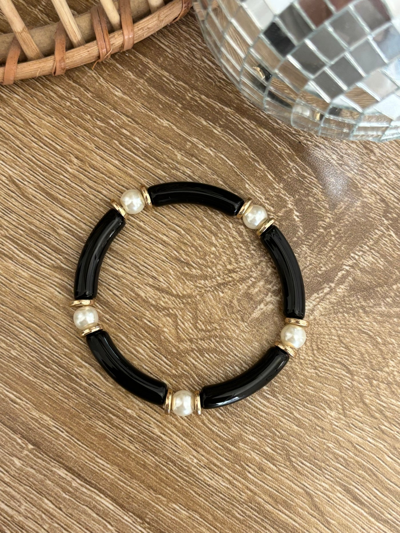 Pearl Beaded Acrylic Tube Bracelet Black