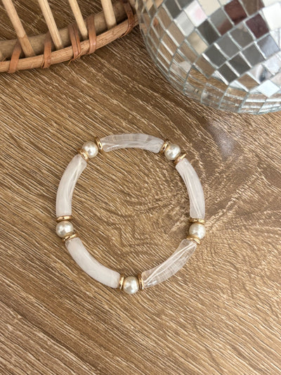 Pearl Beaded Acrylic Tube Bracelet White