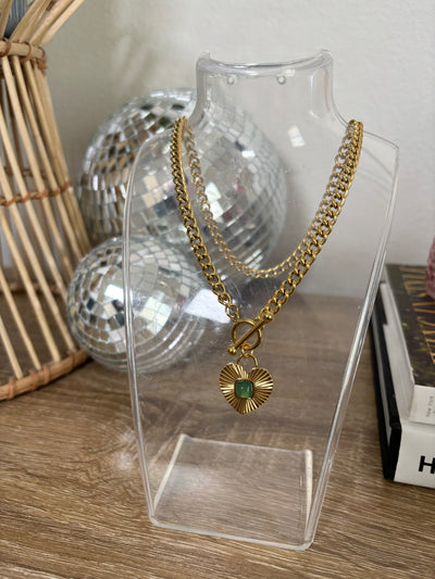 Gold & Green Heart Chain Necklace