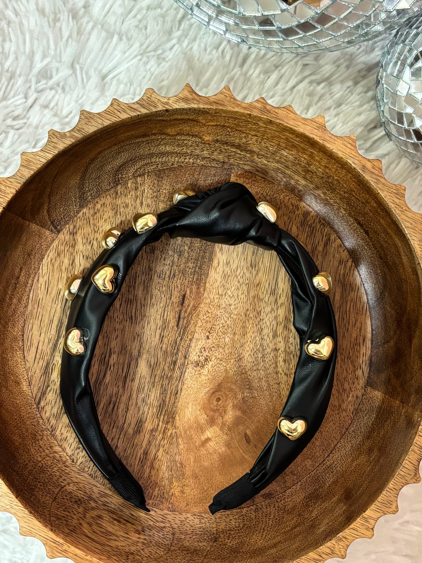 Heart Studs Faux Leather Headband | Black